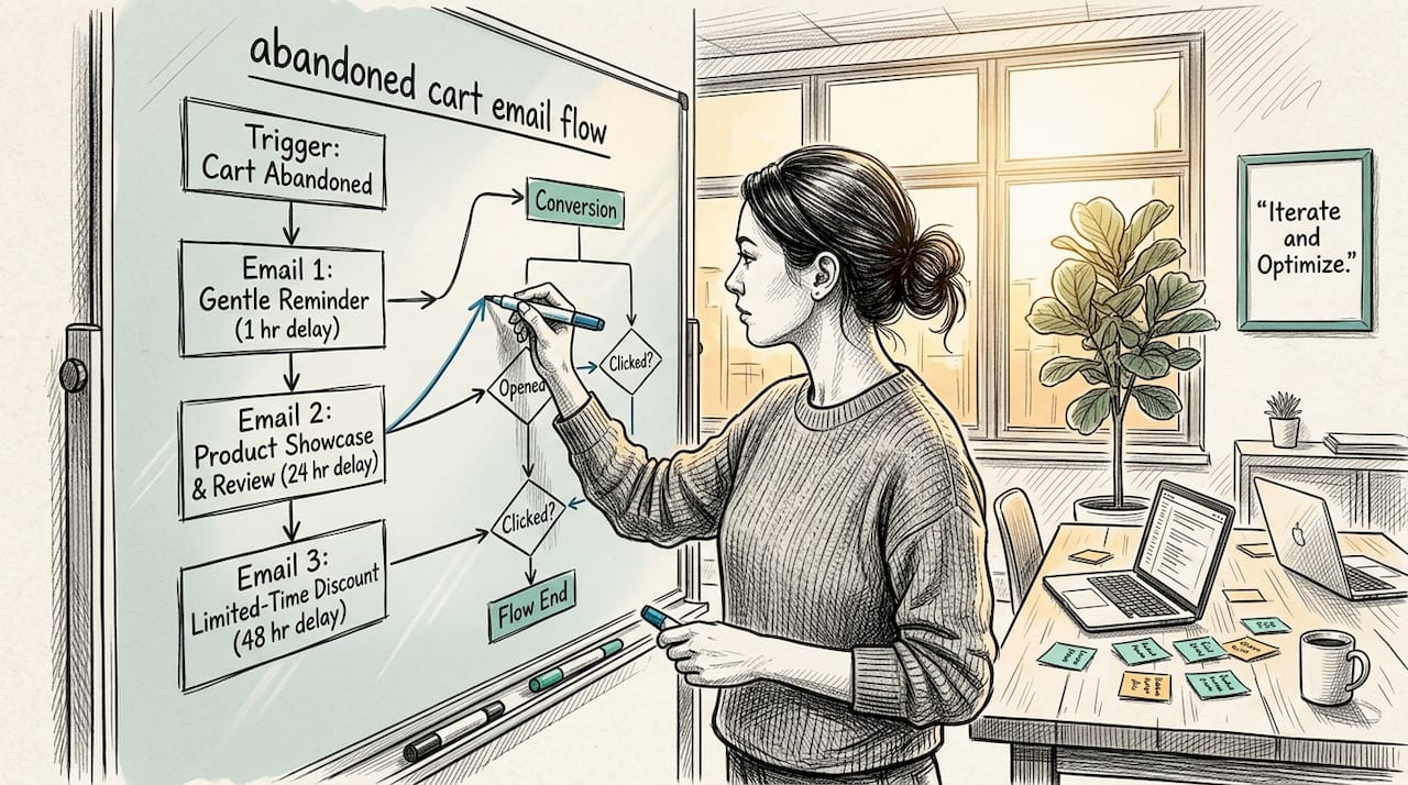 Marketer sketches email flow chart on office whiteboard