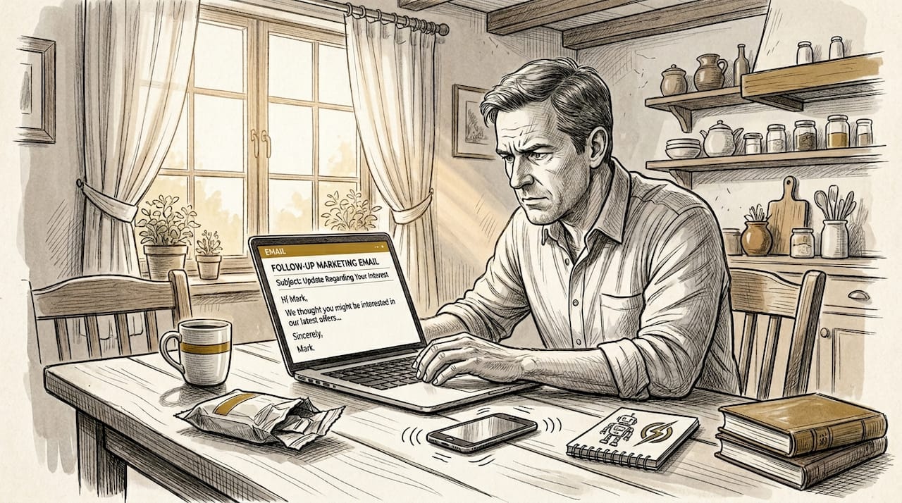 Man reads marketing email at cluttered table