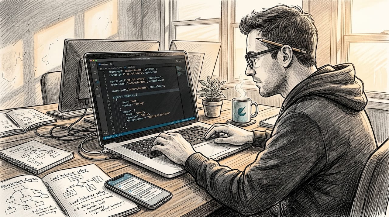 Developer coding scalable web solutions in home office