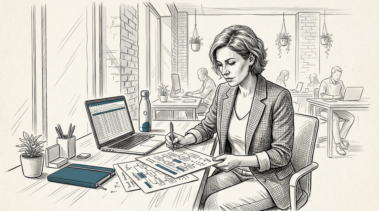 Businesswoman analyzing workflow charts