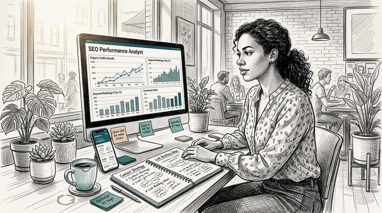 SEO analyst reviewing ecommerce data on computer