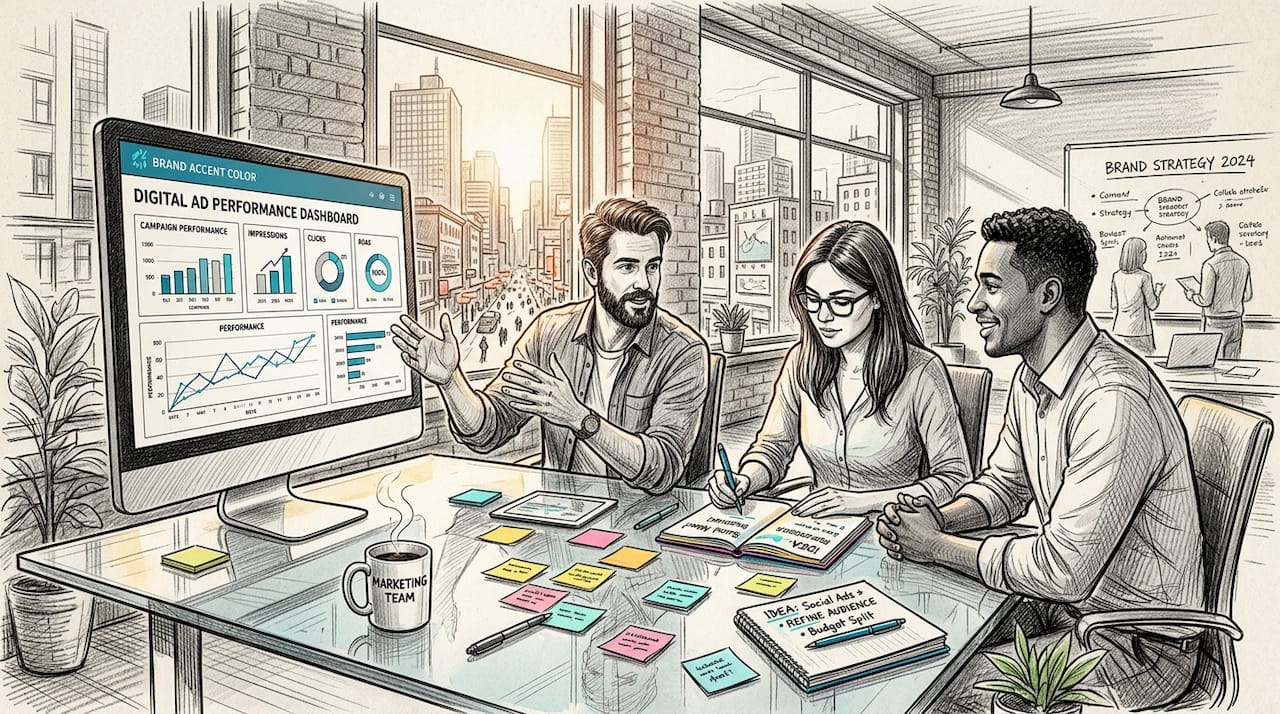 Marketing team reviewing paid ads campaign data