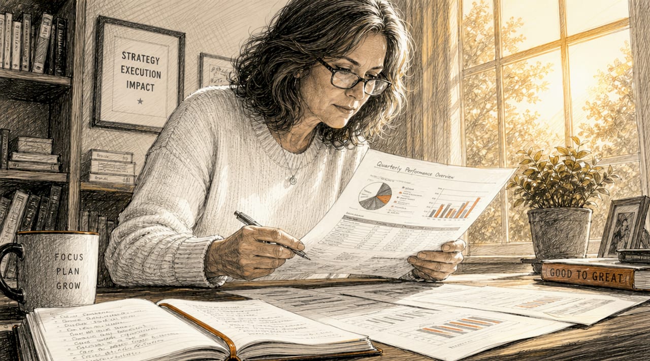 Woman analyzing printed data reports at desk