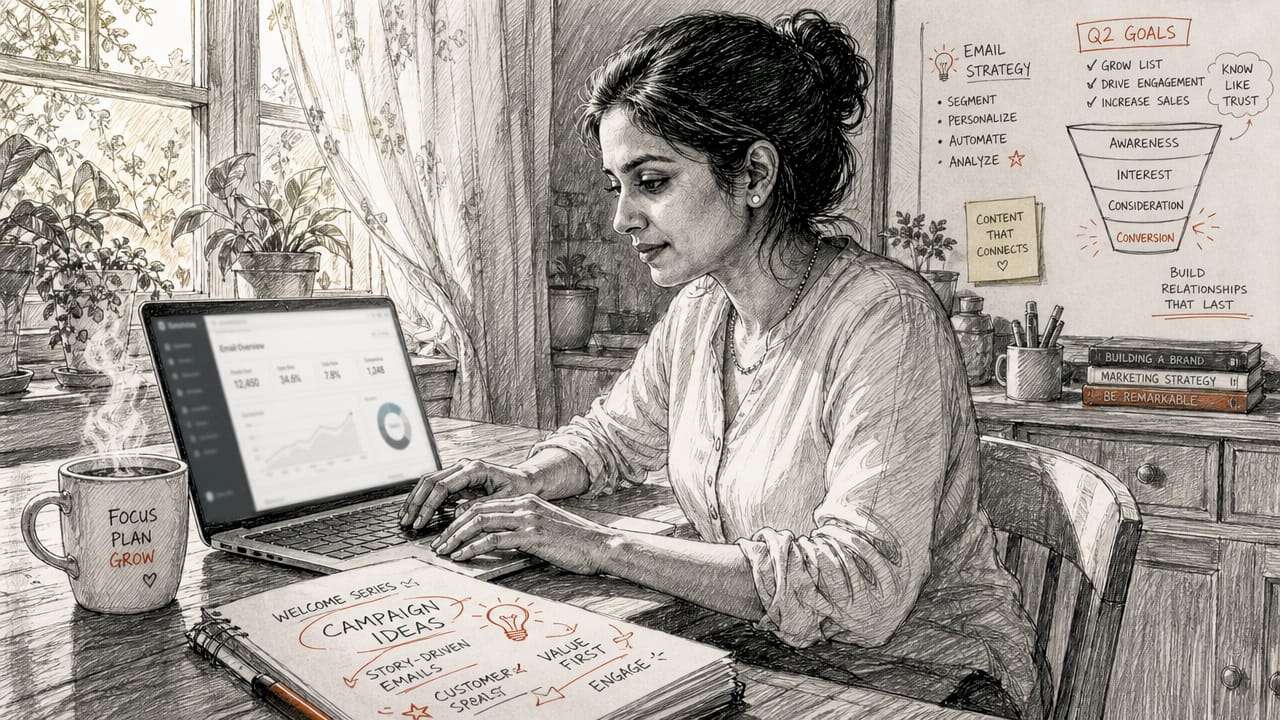 Woman working on loyalty email workflow at desk