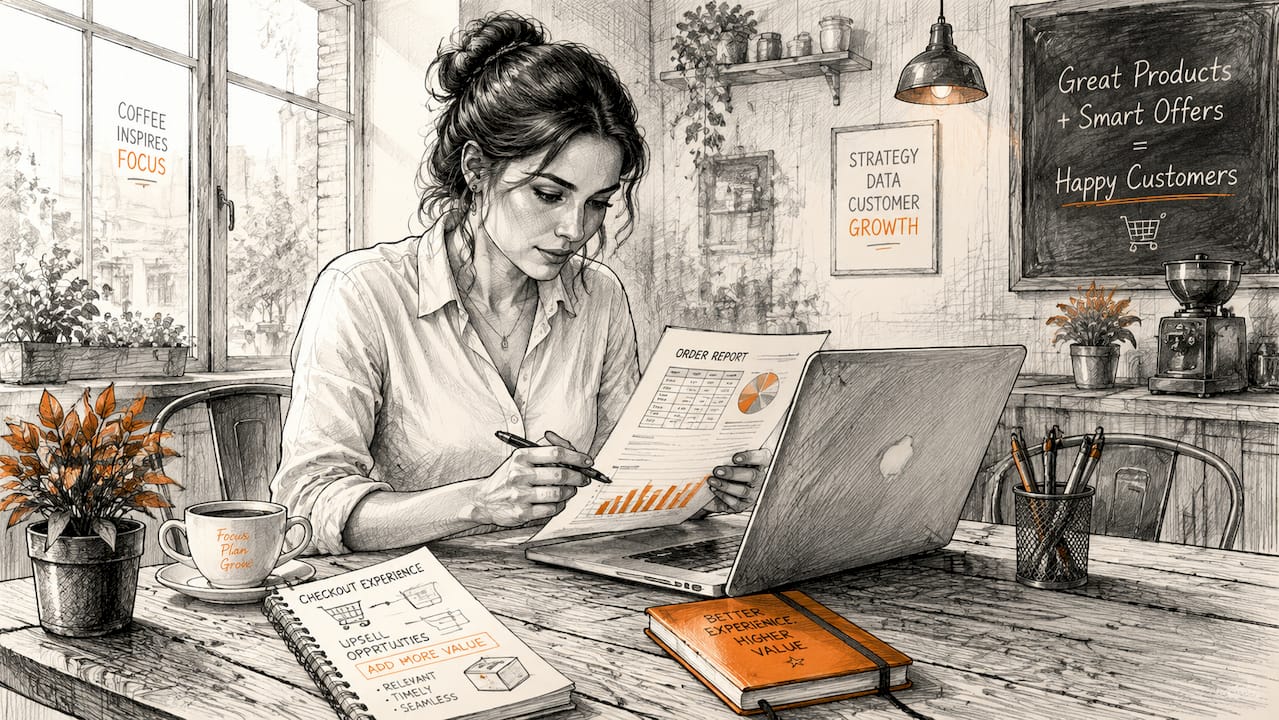Ecommerce manager reviewing upsell data at desk