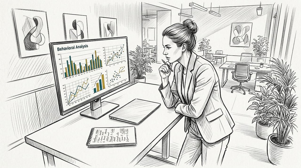 Marketer analyzing behavioral data on monitors