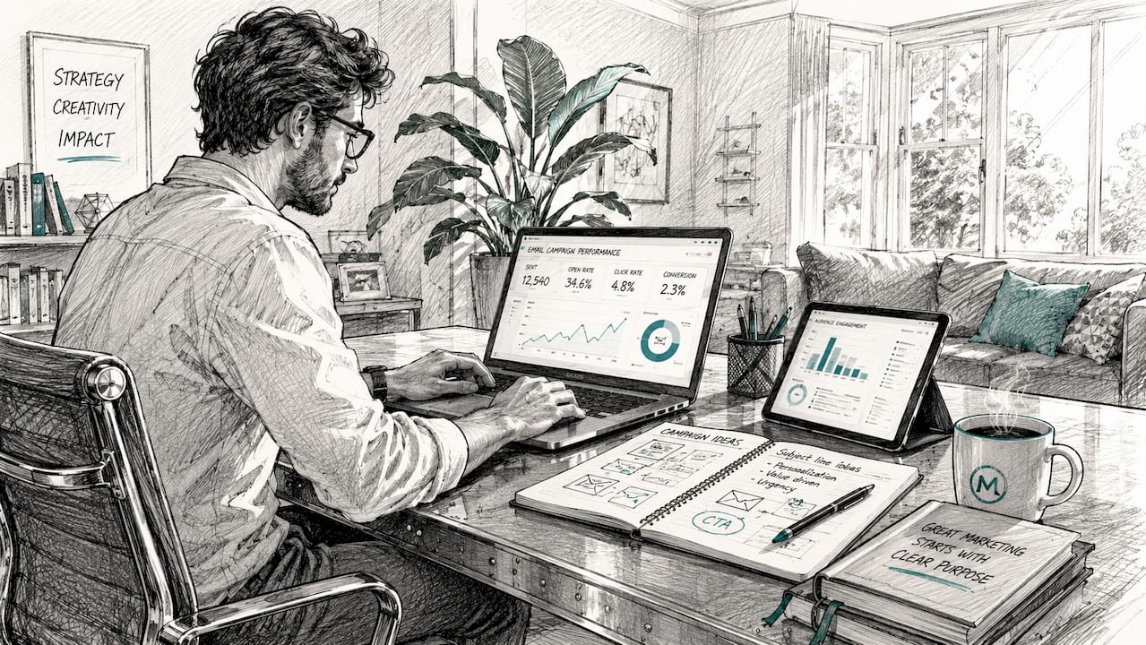 Person planning cross-sell email campaigns at desk