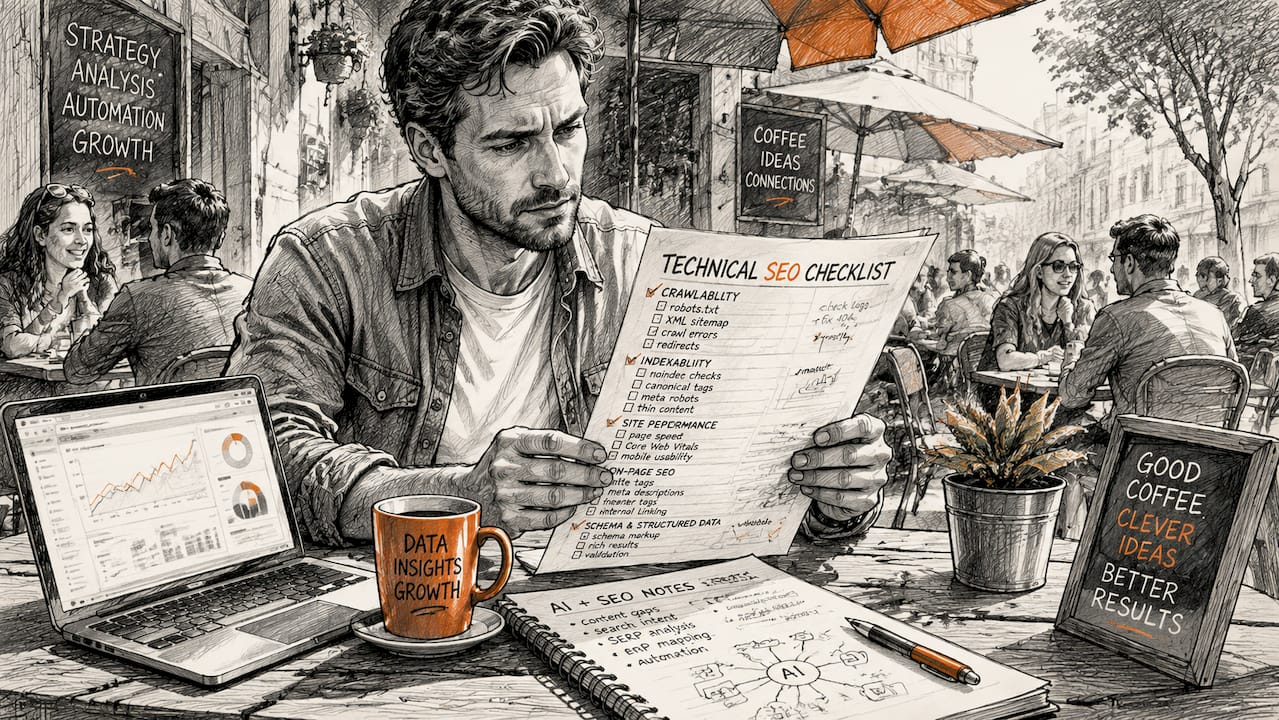 SEO analyst reviewing machine-readable technical checklist