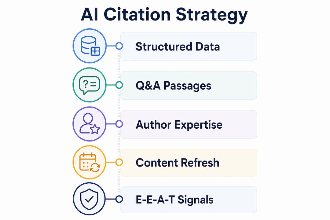 Infographic showing AI citation content strategy steps