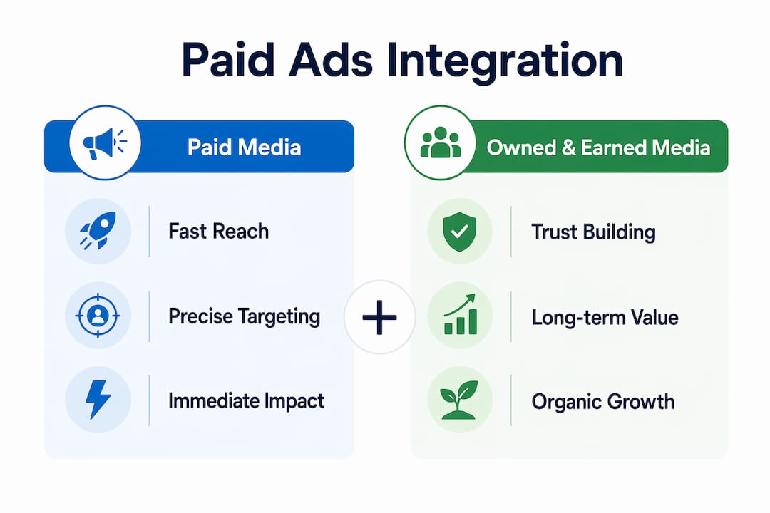 Infographic comparing paid and owned/earned media benefits