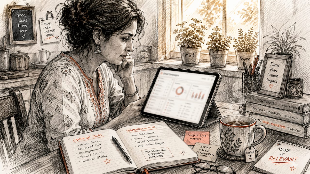 Woman reviewing segmented email campaigns at home office desk