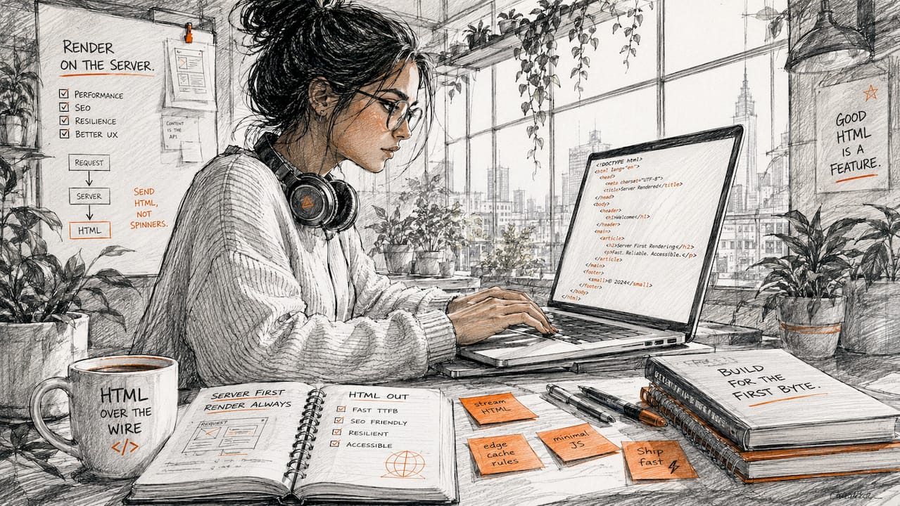 Developer reviewing server-rendered HTML in office