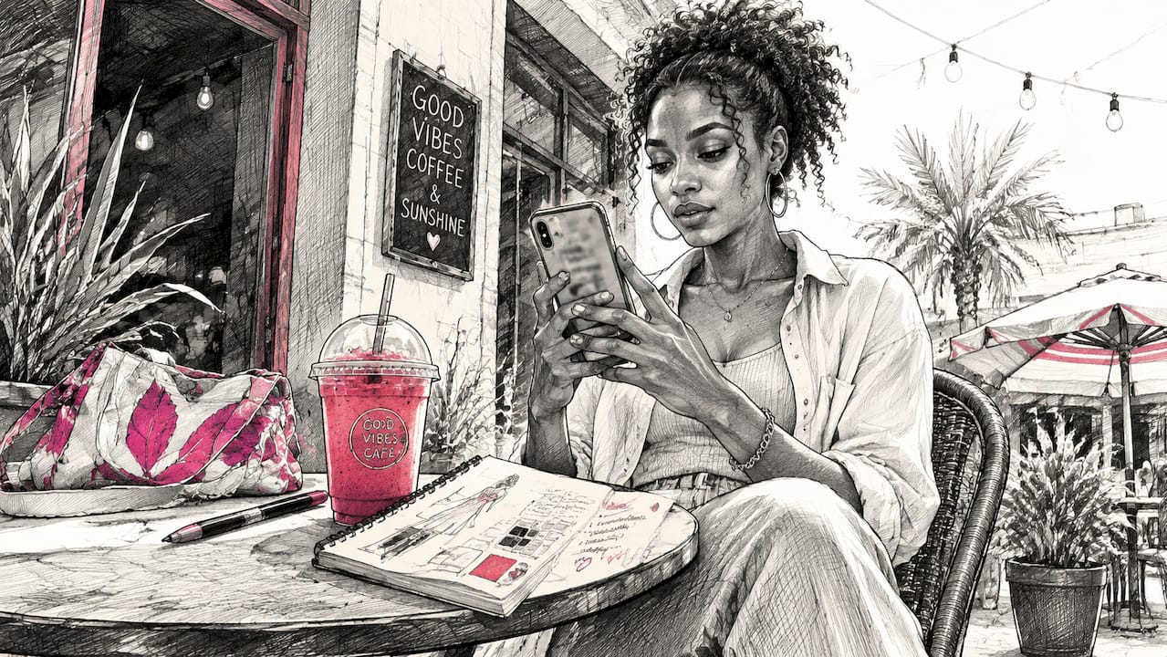 Young woman shopping on mobile device in cafe