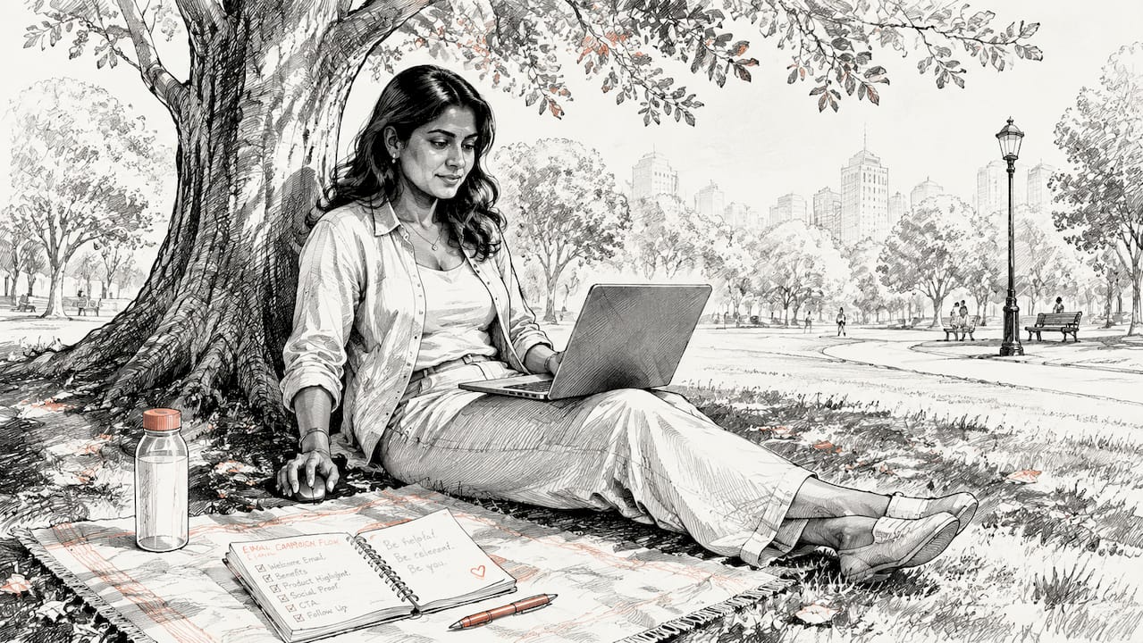 Woman working on email automation in home office