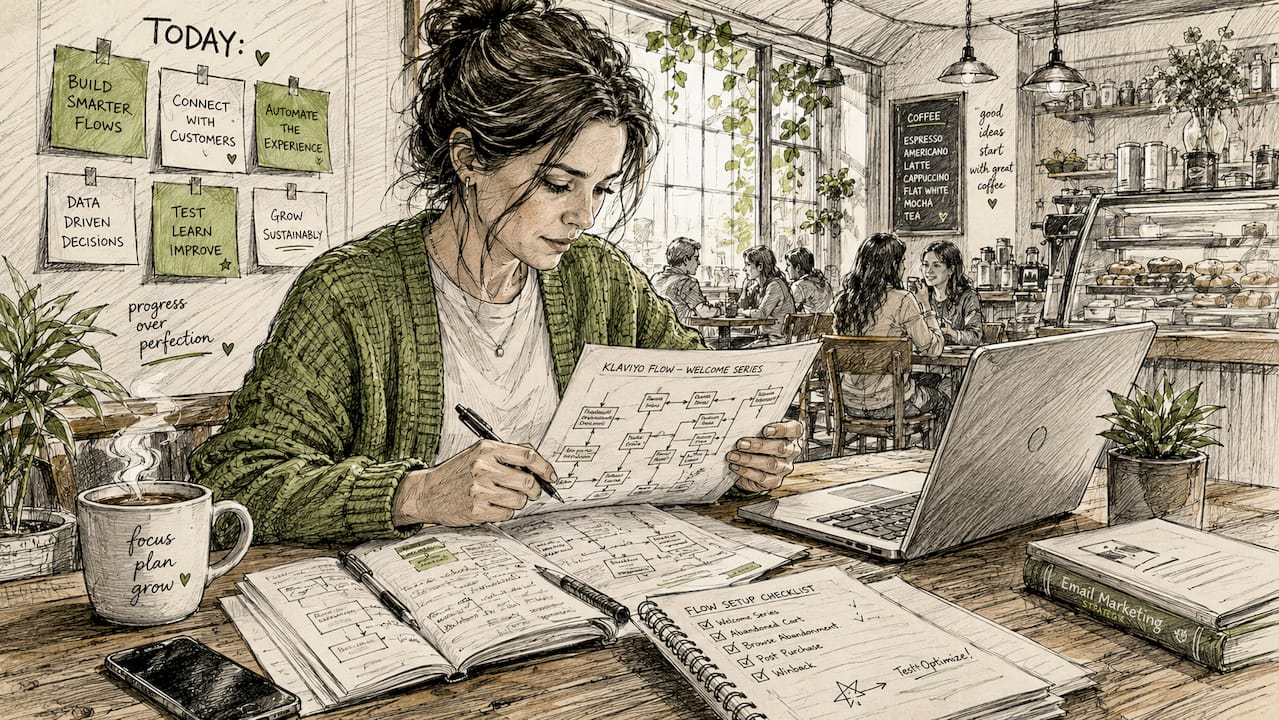 Ecommerce marketer reviewing Klaviyo flows at desk