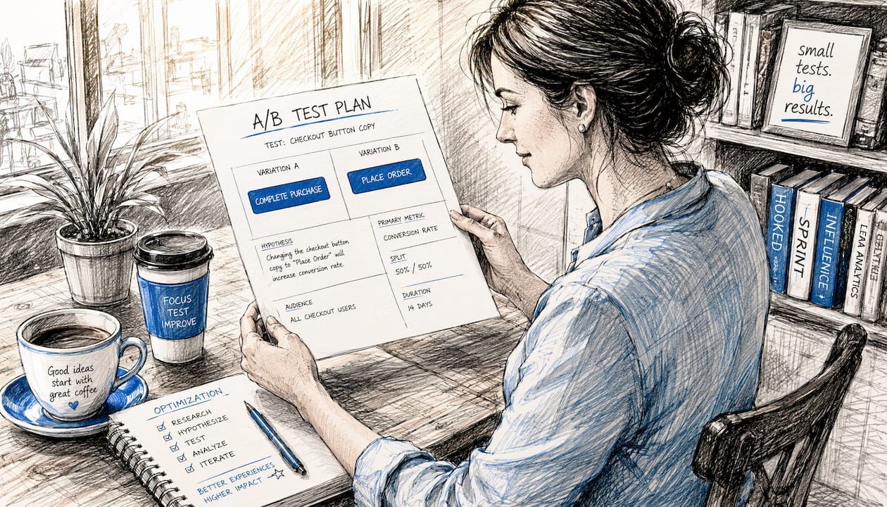 Hands holding A/B test plan documents