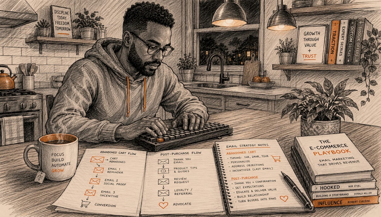 Hands typing with ecommerce email diagrams