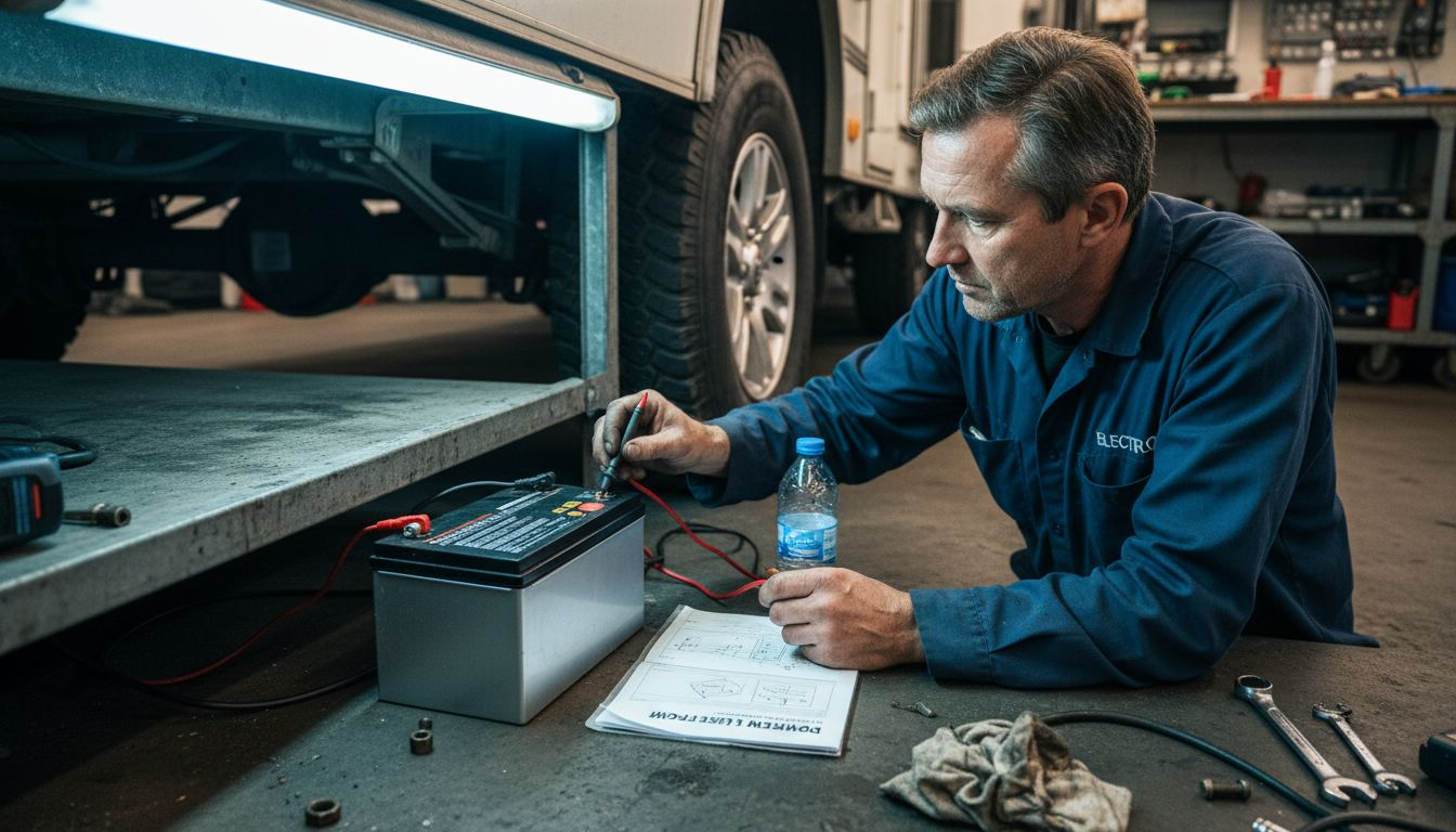 Technician inspecting lithium battery in RV garage