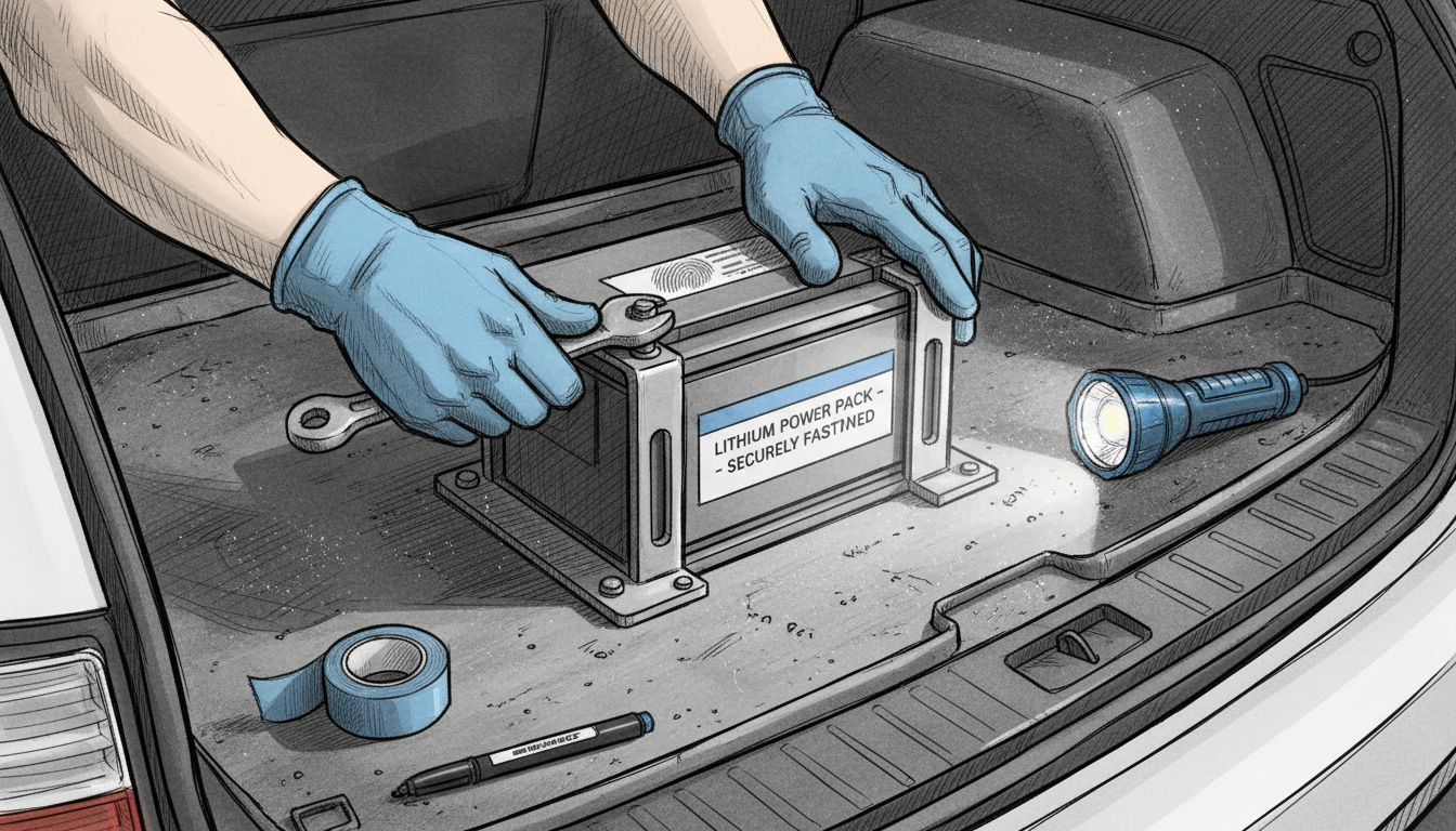 Gloved hands mounting lithium battery in SUV