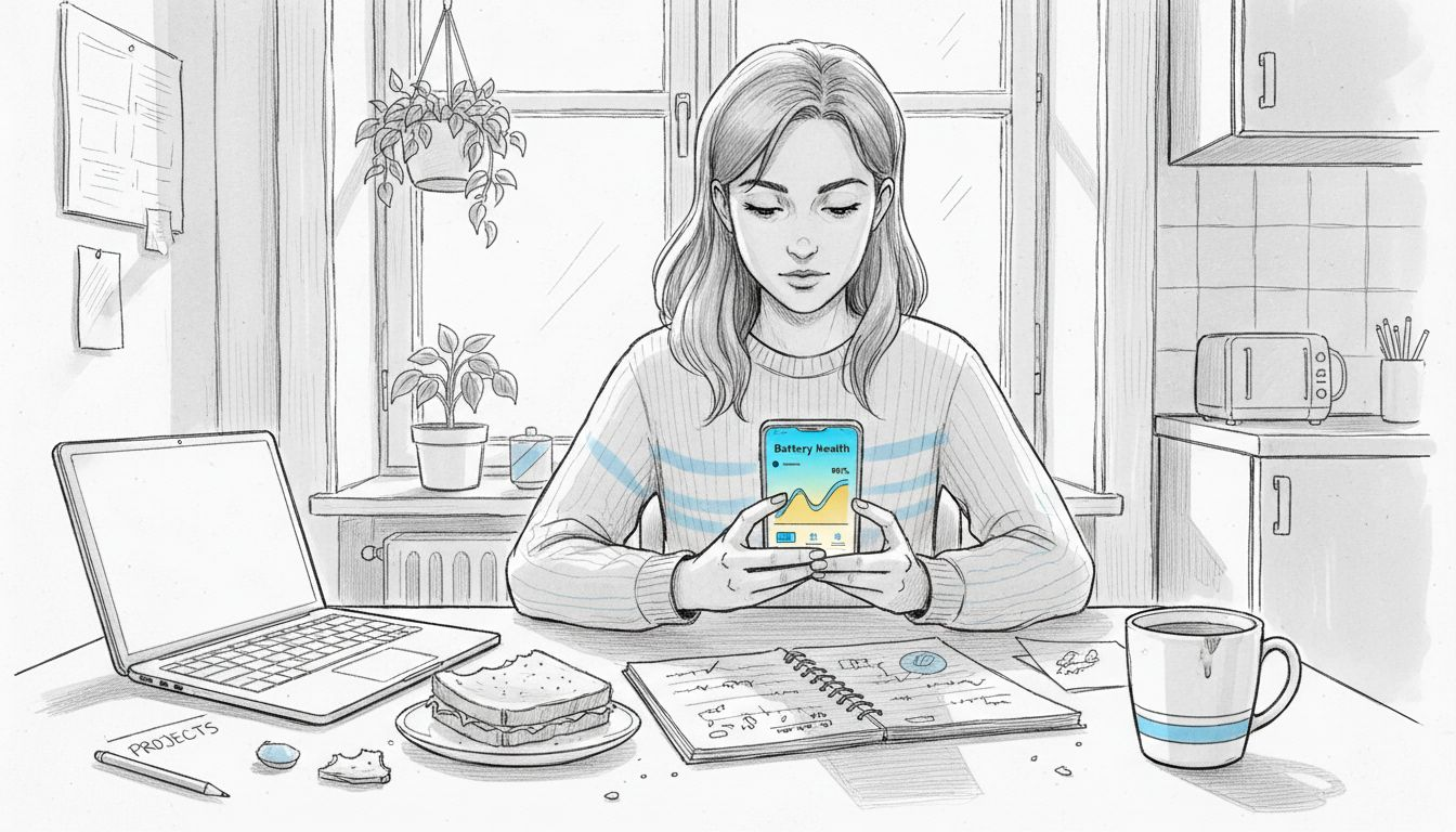 Woman checking smart battery app at table