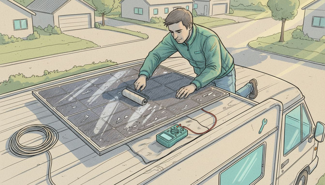 Technician inspecting monocrystalline solar panel