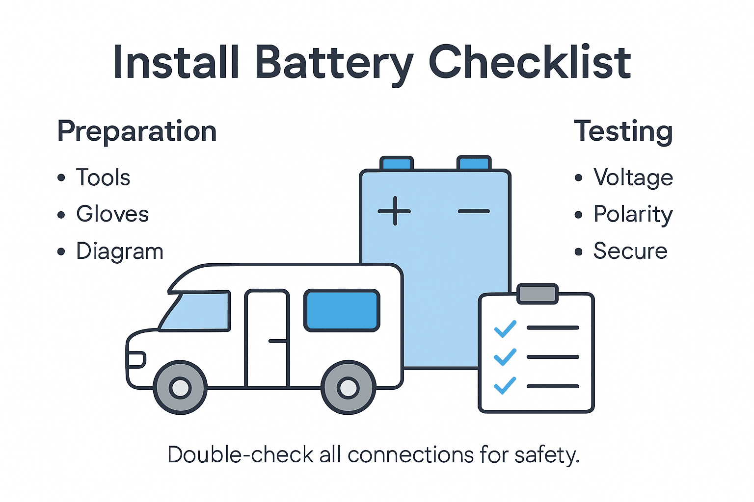Infographic shows install battery checklist steps