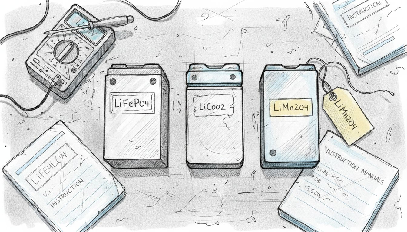 Different lithium battery types on workshop table