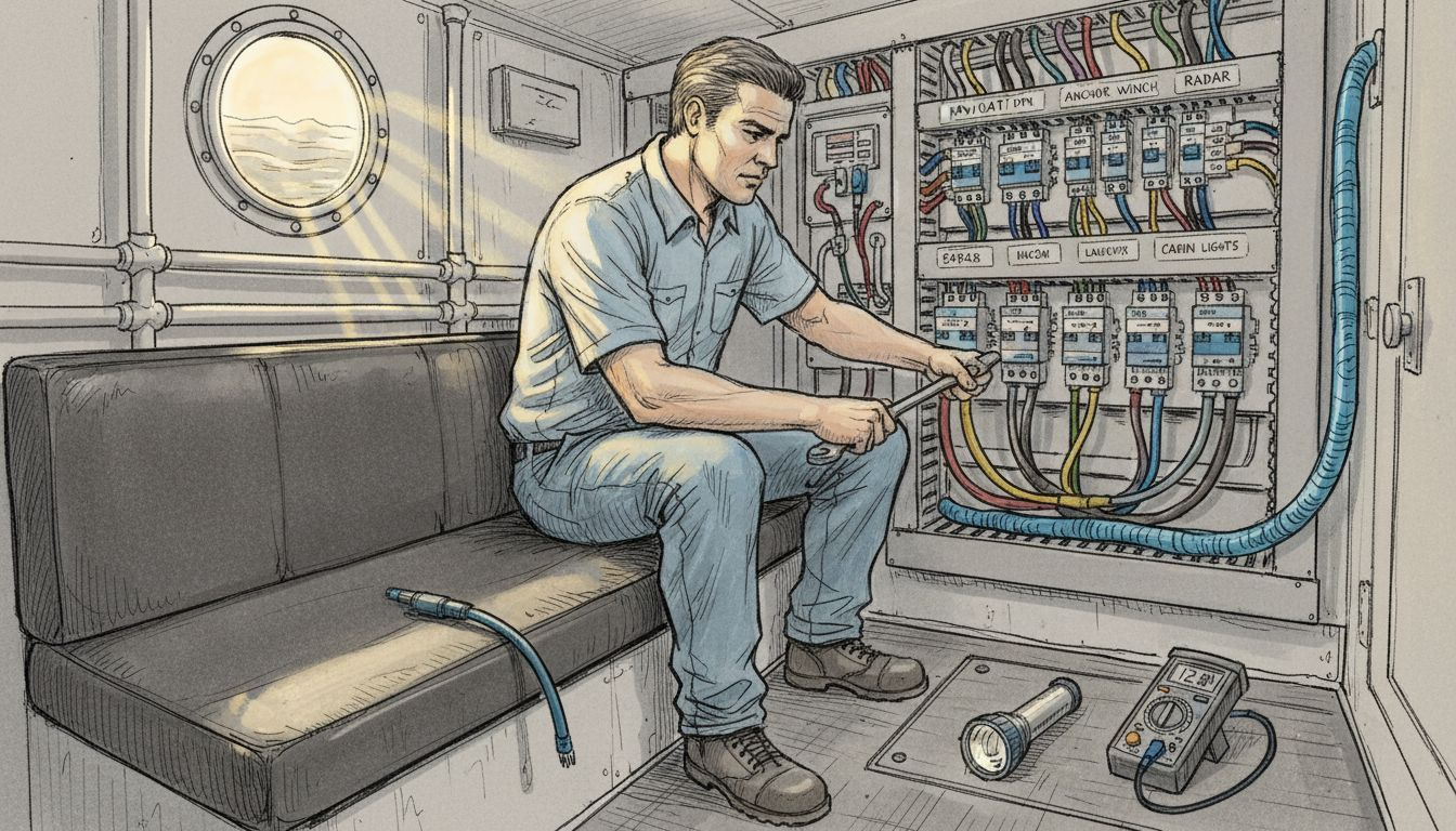 Technician working on boat electrical components