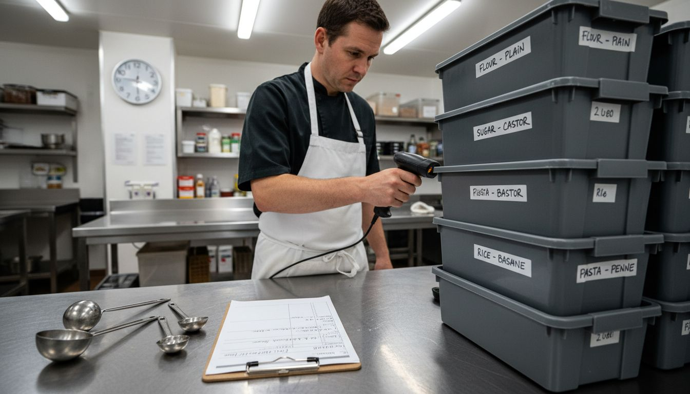 Chef scans barcodes in kitchen inventory