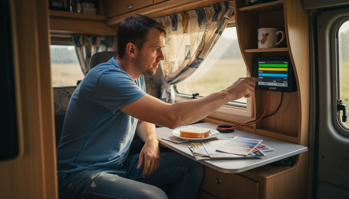 Campervan owner using energy monitor display