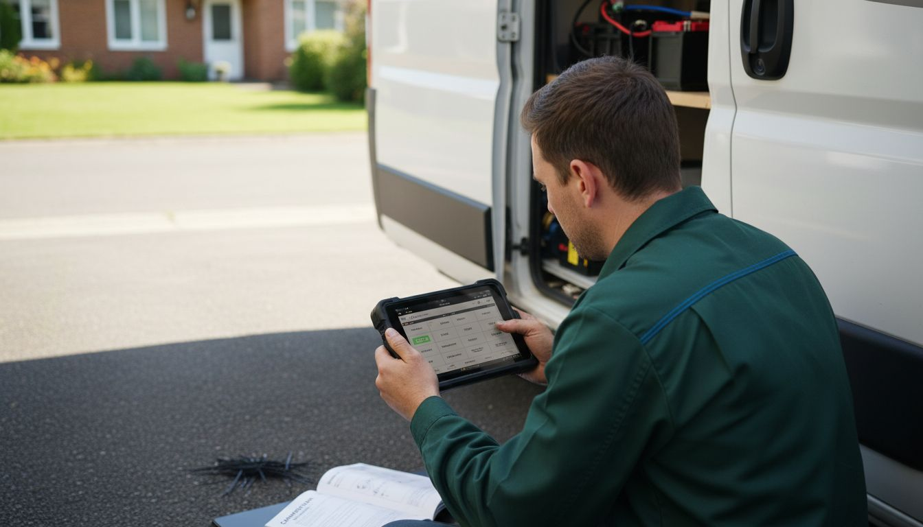 Technician inspecting campervan battery system