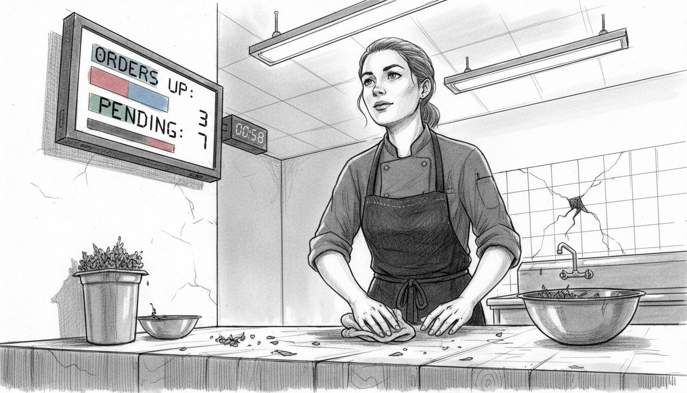 Sous chef cleaning beneath kitchen order screen