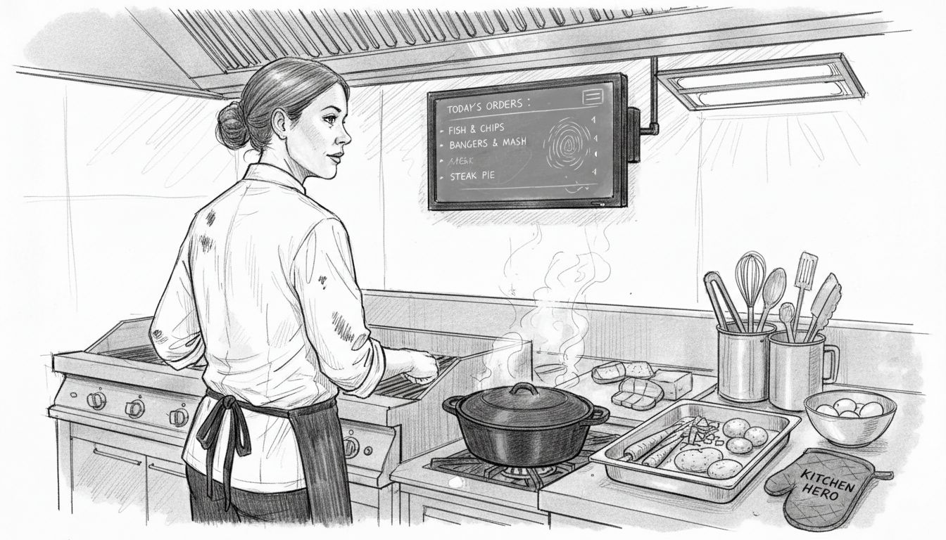 Chef checking kitchen display by grill