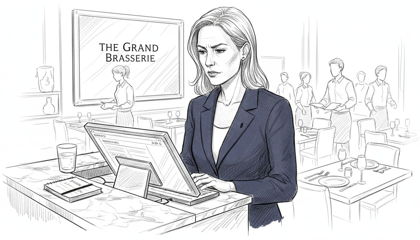 Manager reviewing POS system at host stand