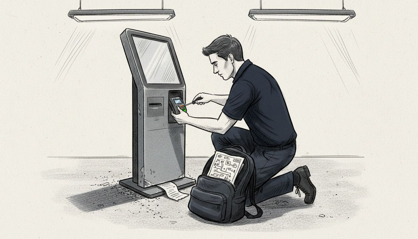 Technician servicing restaurant kiosk hardware