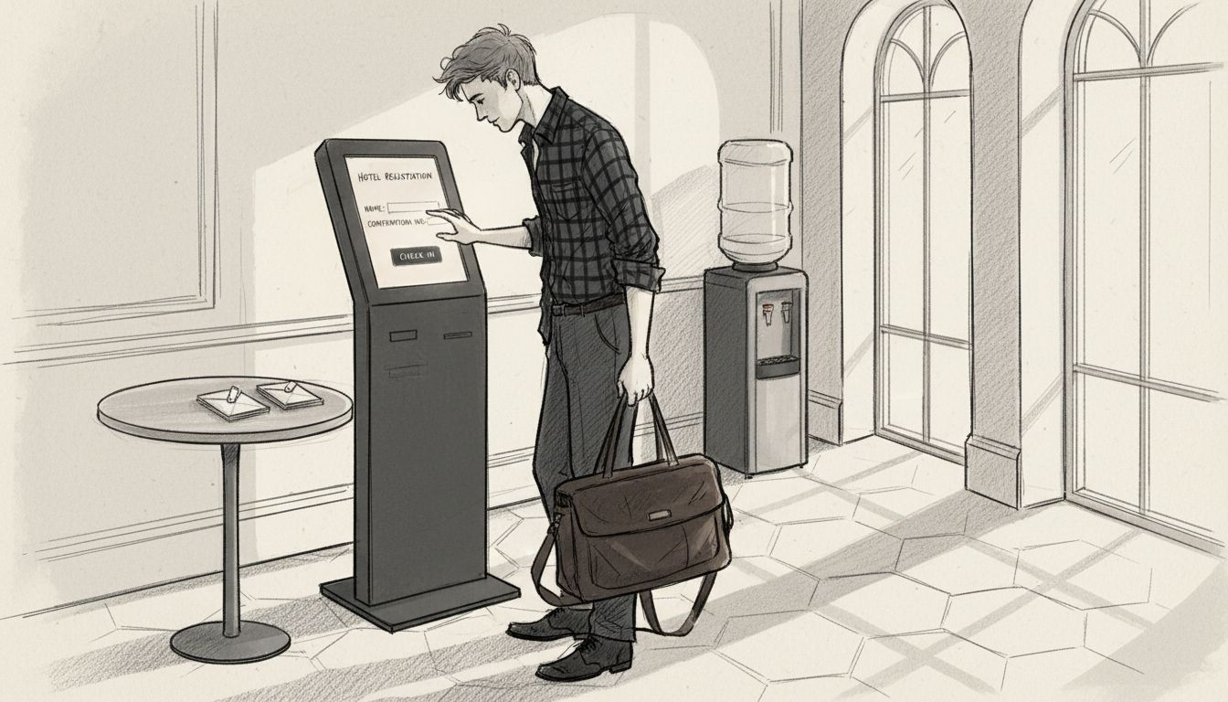 Hotel guest checking in with digital kiosk