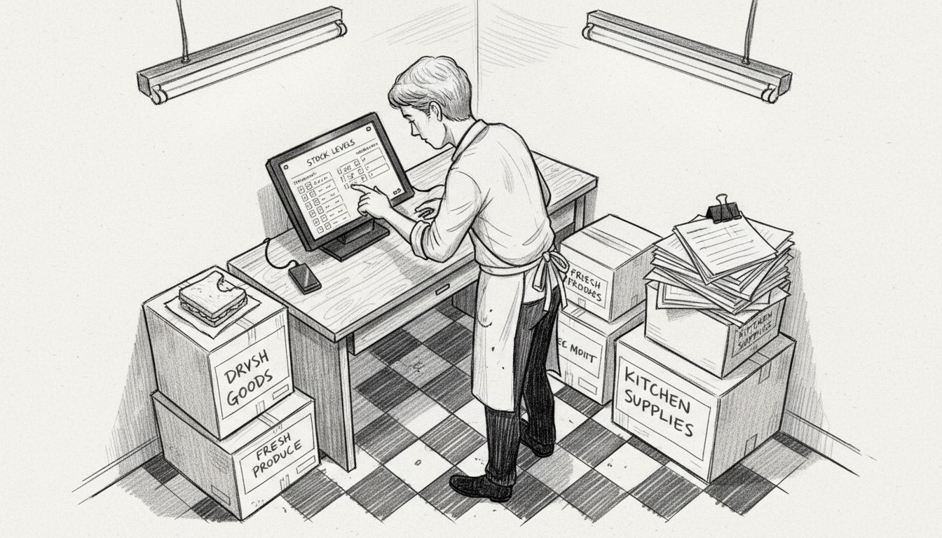 Chef checking sales and inventory at POS terminal