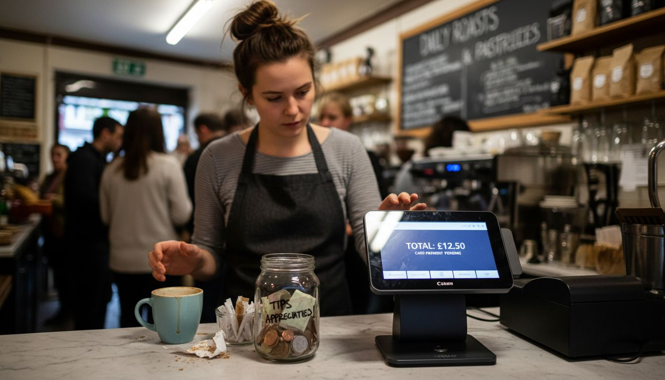 Barista operating fixed POS at café counter