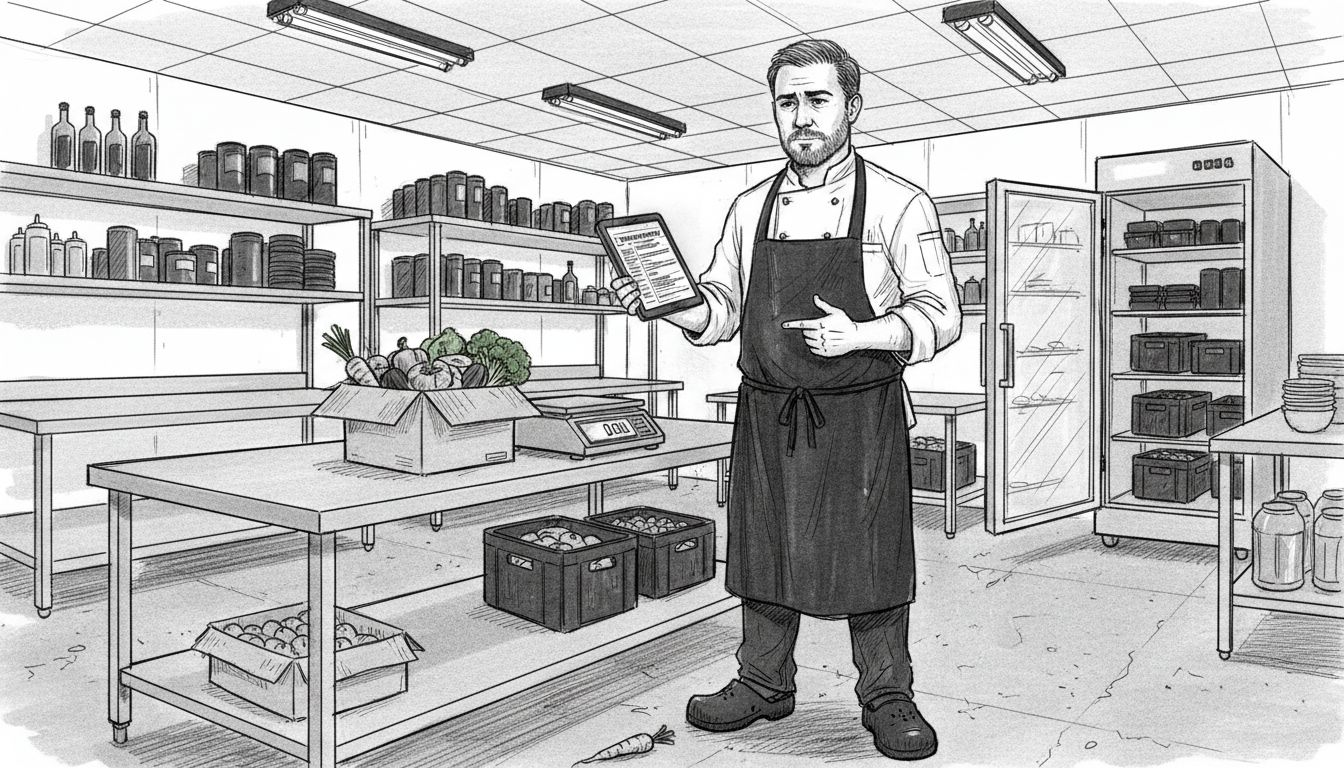 Chef reviewing inventory on kitchen tablet POS
