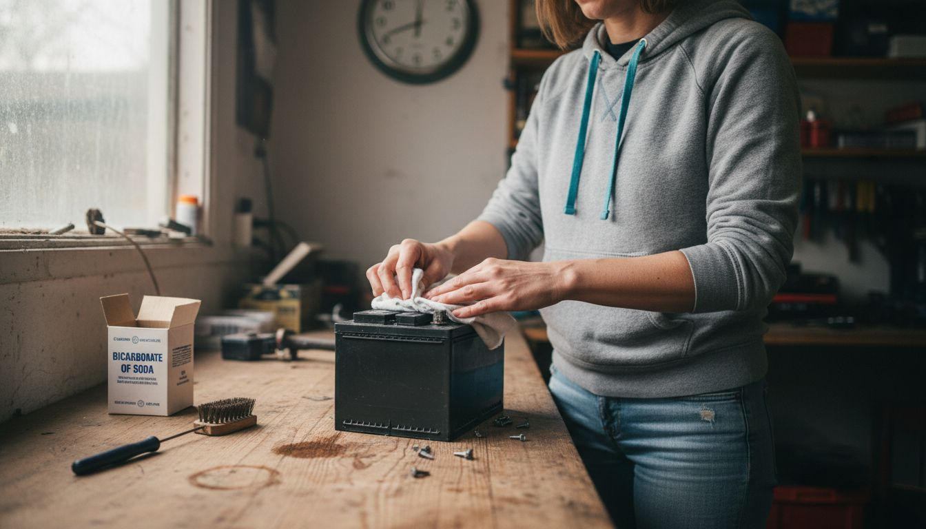 Person cleaning and drying battery terminals