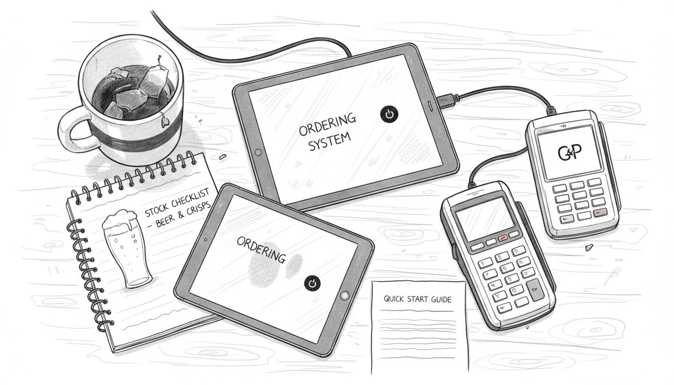 Android tablets and card readers in gastropub office