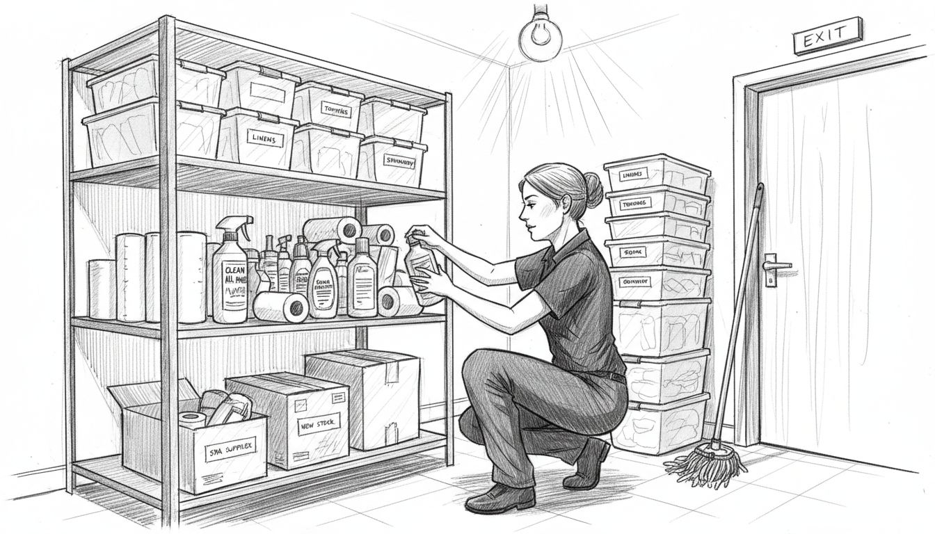 Staff organizing supplies in hotel stockroom