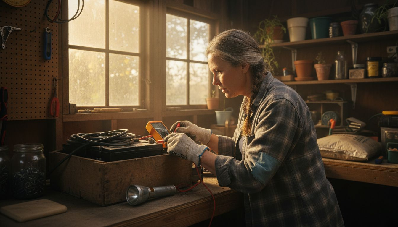 Woman using multimeter to test battery voltage