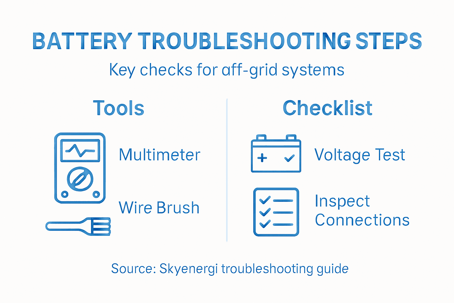 Infographic showing battery troubleshooting steps and tools