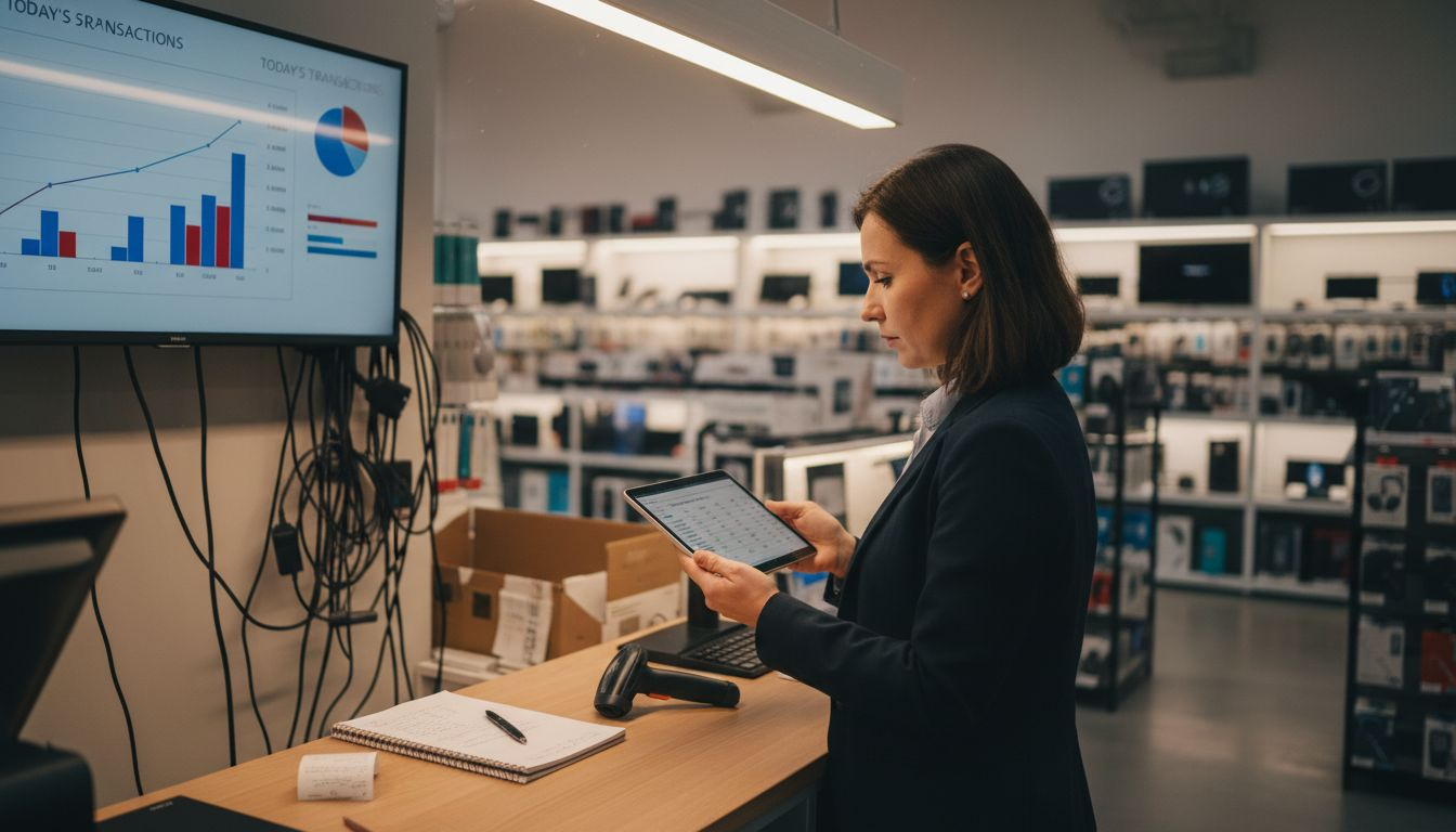 Manager reviewing POS sales data at counter