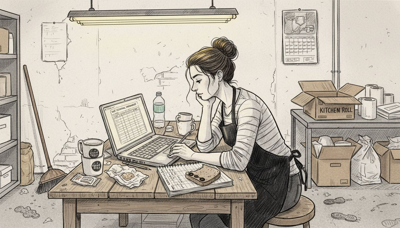 Staff member entering inventory data in café