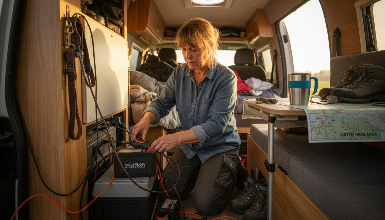 Woman expanding campervan modular battery system