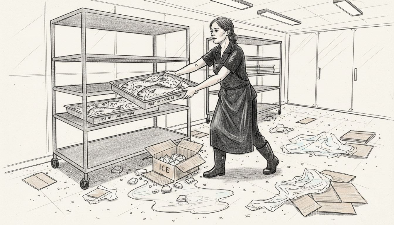 Worker rotating inventory in cooler