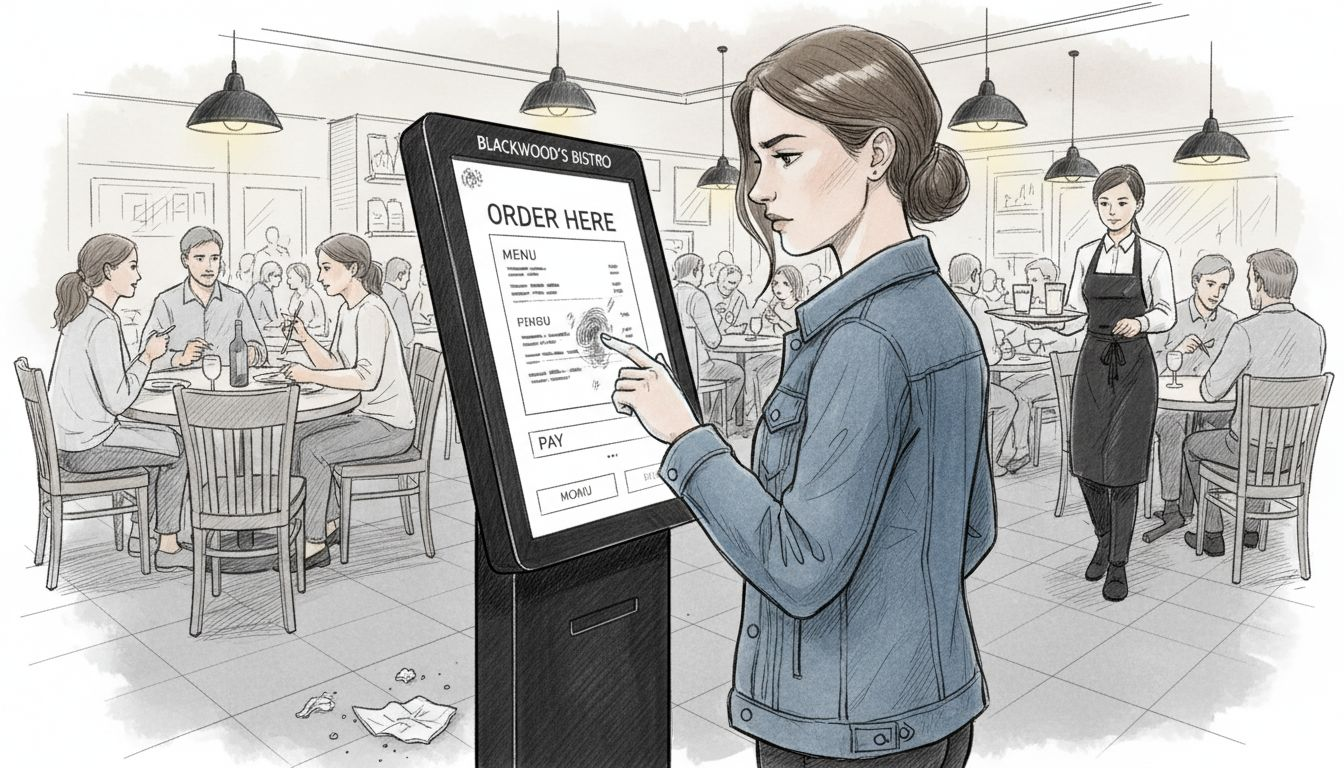 Woman using self-service kiosk at restaurant