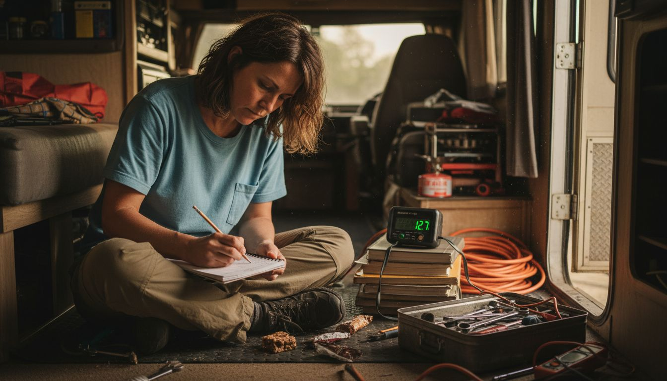Woman calculating battery sizing in RV